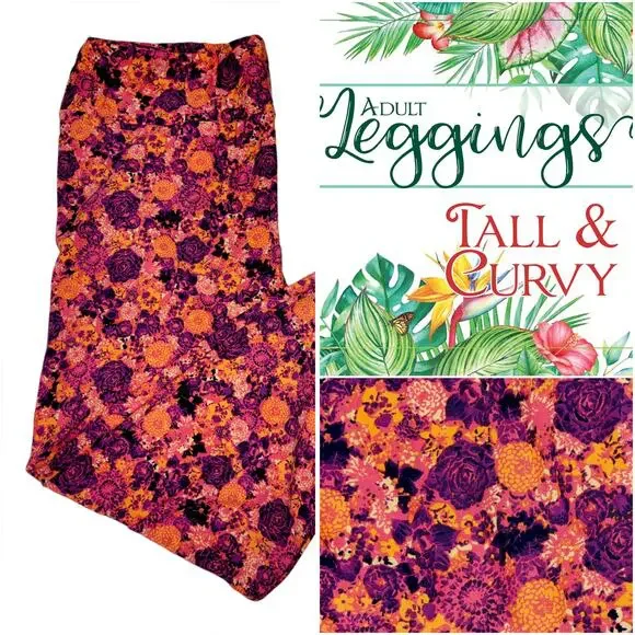 LuLaRoe TC Leggings Purple Orange Pink Floral Roses Fall Tall Curvy Buttery Soft - Picture 8 of 8